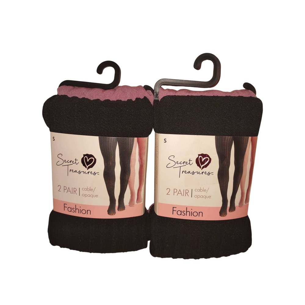 Secret Treasures 2 Pair Pack Cable & Opaque Tights Black Mauve Pink Small S